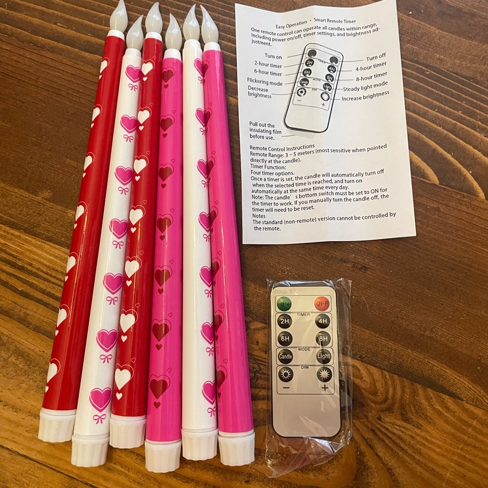 NEW 6 Heart Pattern LED Taper Candles - Red and Pink